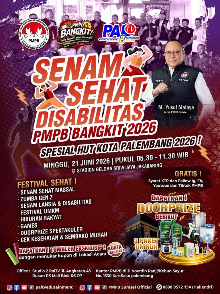 Senam Sehat Disabiltas PMPB Bangkit 2026, Spesial HUT Kota Palembang. Foto: PALTV